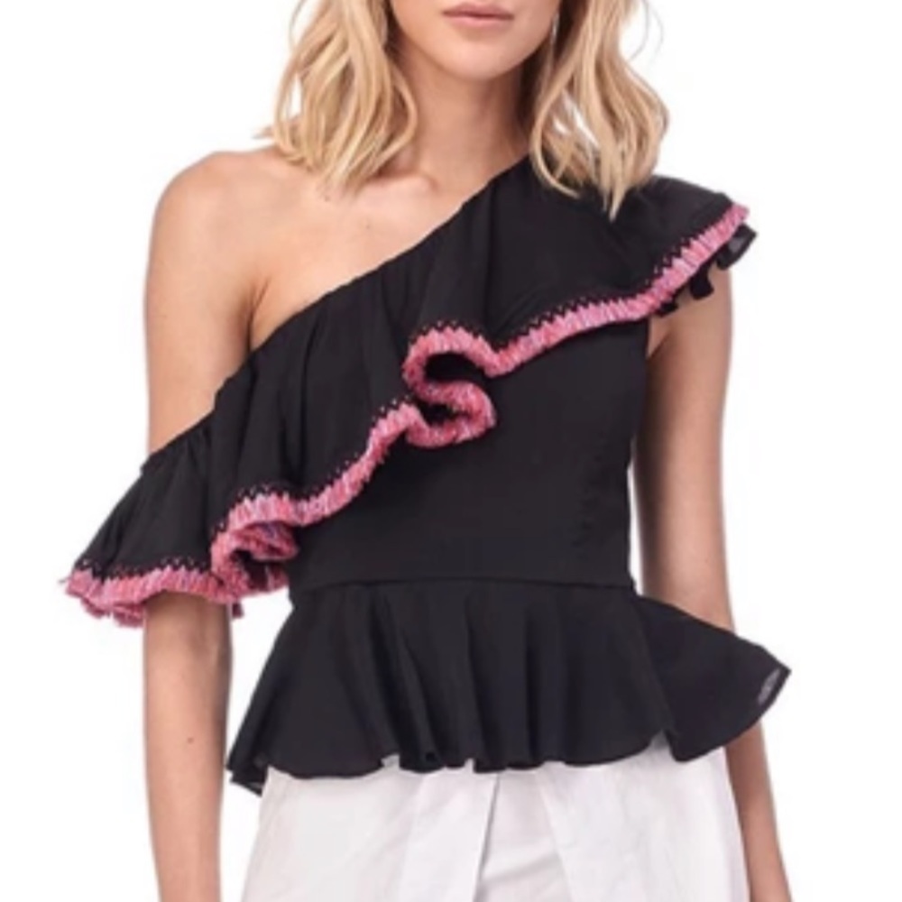 N12H Belvedere One Shoulder Fringe Trim Peplum Ruffle Top Black Pink Sz Small